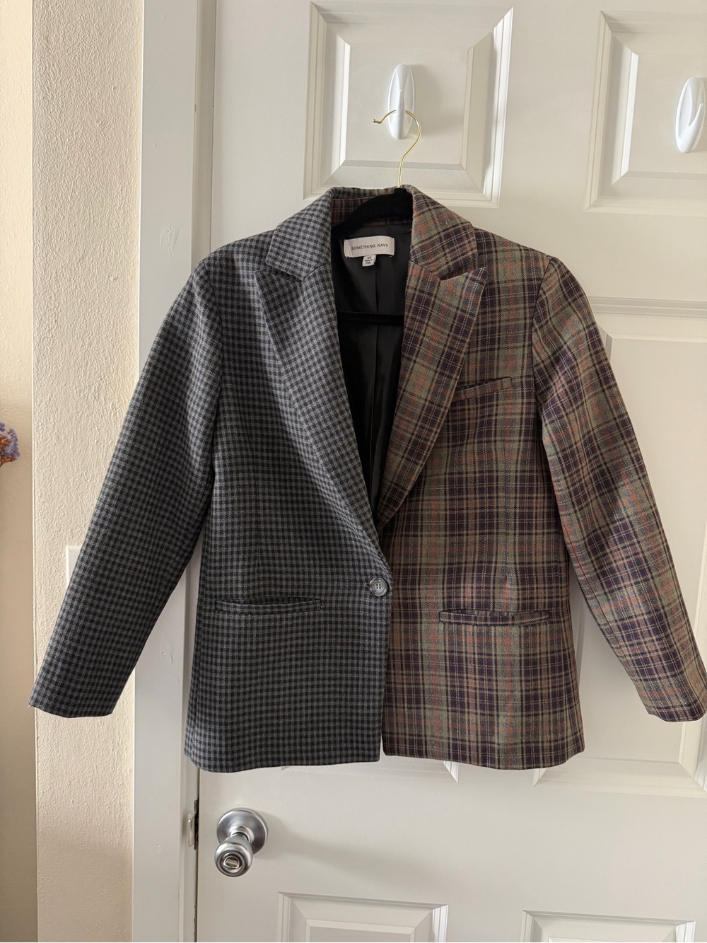 Something Navy Contrast Plaid Blazer Womens XS Combo Houndstooth Split Jacket